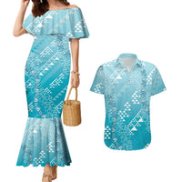 Hawaii Turquoise Kapa Couples Matching Mermaid Dress and Hawaiian Shirt Vintage 'Ohe Kāpala Motifs Mix Plumeria Leis