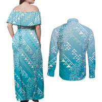 Hawaii Turquoise Kapa Couples Matching Off Shoulder Maxi Dress and Long Sleeve Button Shirt Vintage 'Ohe Kāpala Motifs Mix Plumeria Leis