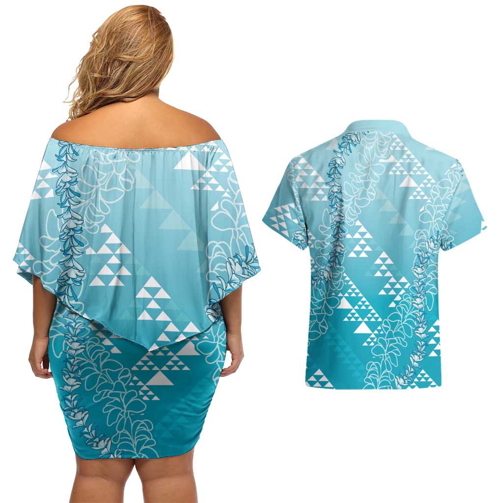 Hawaii Turquoise Kapa Couples Matching Off Shoulder Short Dress and Hawaiian Shirt Vintage 'Ohe Kāpala Motifs Mix Plumeria Leis