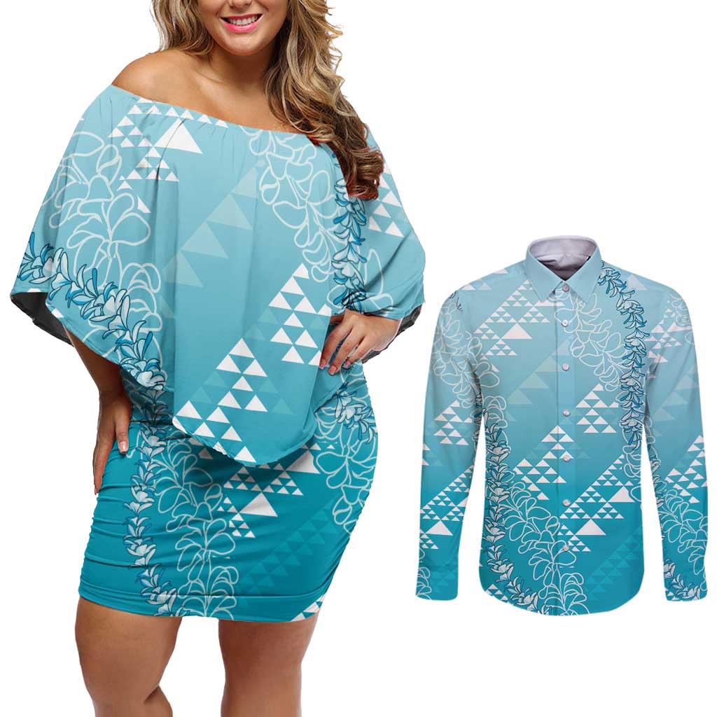 Hawaii Turquoise Kapa Couples Matching Off Shoulder Short Dress and Long Sleeve Button Shirt Vintage 'Ohe Kāpala Motifs Mix Plumeria Leis LT7 Turquoise - Polynesian Pride