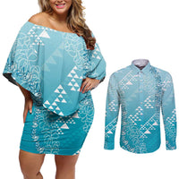Hawaii Turquoise Kapa Couples Matching Off Shoulder Short Dress and Long Sleeve Button Shirt Vintage 'Ohe Kāpala Motifs Mix Plumeria Leis LT7 Turquoise - Polynesian Pride