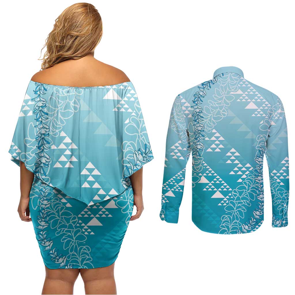 Hawaii Turquoise Kapa Couples Matching Off Shoulder Short Dress and Long Sleeve Button Shirt Vintage 'Ohe Kāpala Motifs Mix Plumeria Leis LT7 - Polynesian Pride