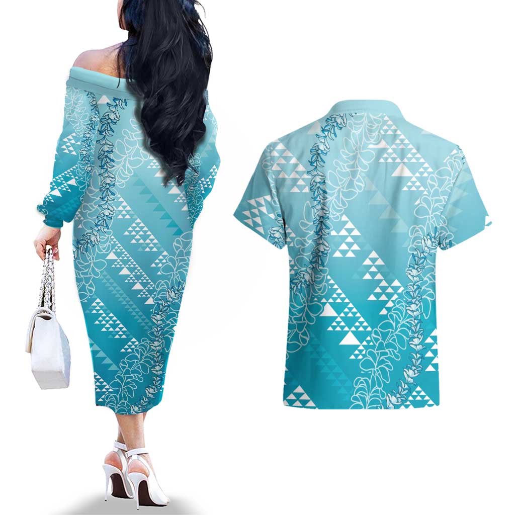 Hawaii Turquoise Kapa Couples Matching Off The Shoulder Long Sleeve Dress and Hawaiian Shirt Vintage 'Ohe Kāpala Motifs Mix Plumeria Leis