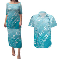 Hawaii Turquoise Kapa Couples Matching Puletasi and Hawaiian Shirt Vintage 'Ohe Kāpala Motifs Mix Plumeria Leis