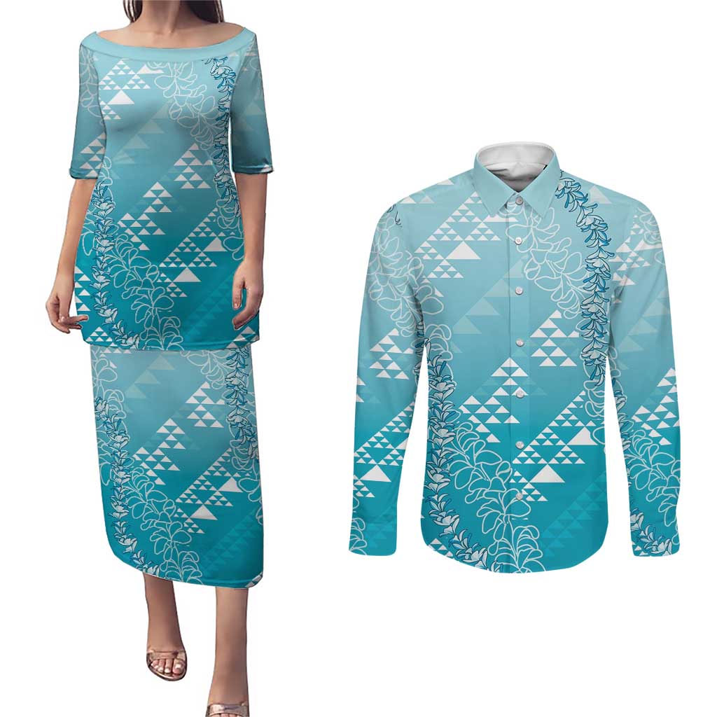 Hawaii Turquoise Kapa Couples Matching Puletasi and Long Sleeve Button Shirt Vintage 'Ohe Kāpala Motifs Mix Plumeria Leis