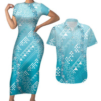 Hawaii Turquoise Kapa Couples Matching Short Sleeve Bodycon Dress and Hawaiian Shirt Vintage 'Ohe Kāpala Motifs Mix Plumeria Leis