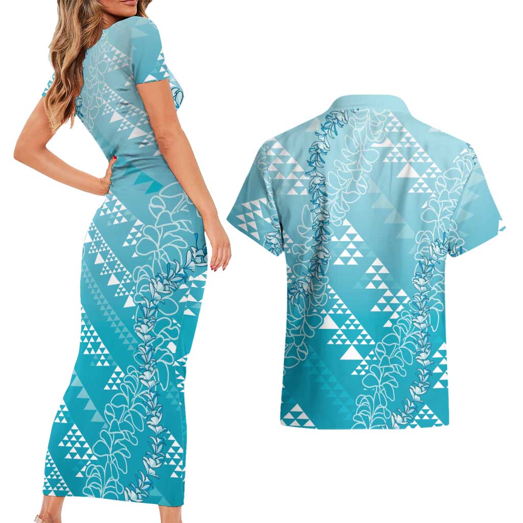 Hawaii Turquoise Kapa Couples Matching Short Sleeve Bodycon Dress and Hawaiian Shirt Vintage 'Ohe Kāpala Motifs Mix Plumeria Leis