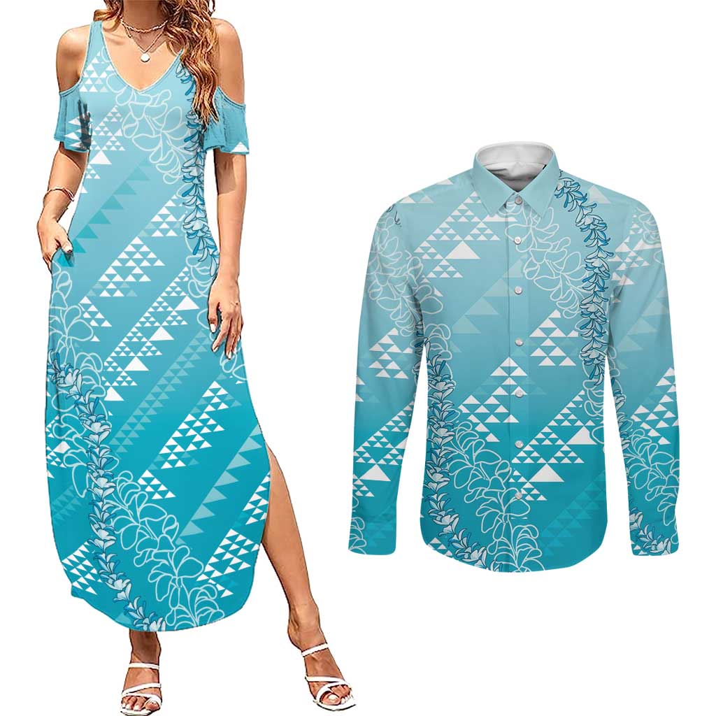 Hawaii Turquoise Kapa Couples Matching Summer Maxi Dress and Long Sleeve Button Shirt Vintage 'Ohe Kāpala Motifs Mix Plumeria Leis