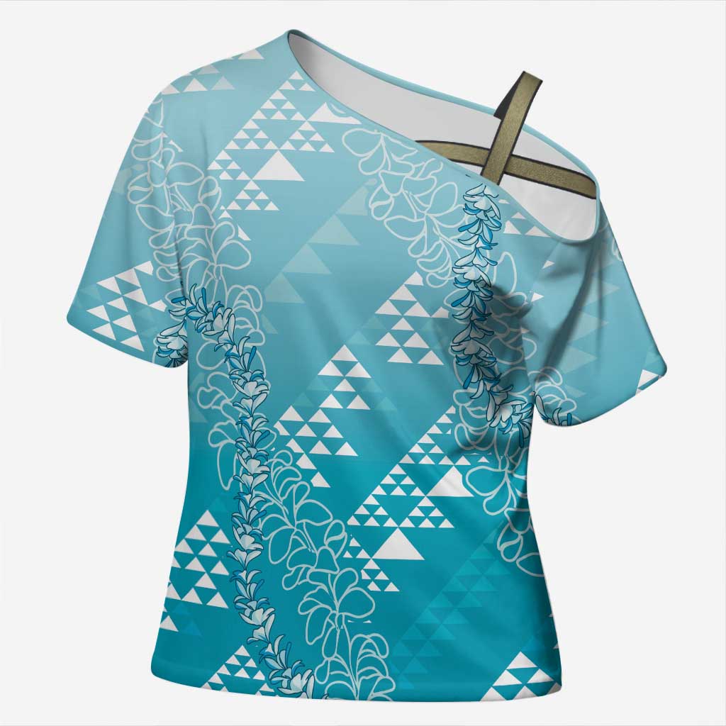 Hawaii Turquoise Kapa Cross Shoulder Shirt Vintage 'Ohe Kāpala Motifs Mix Plumeria Leis