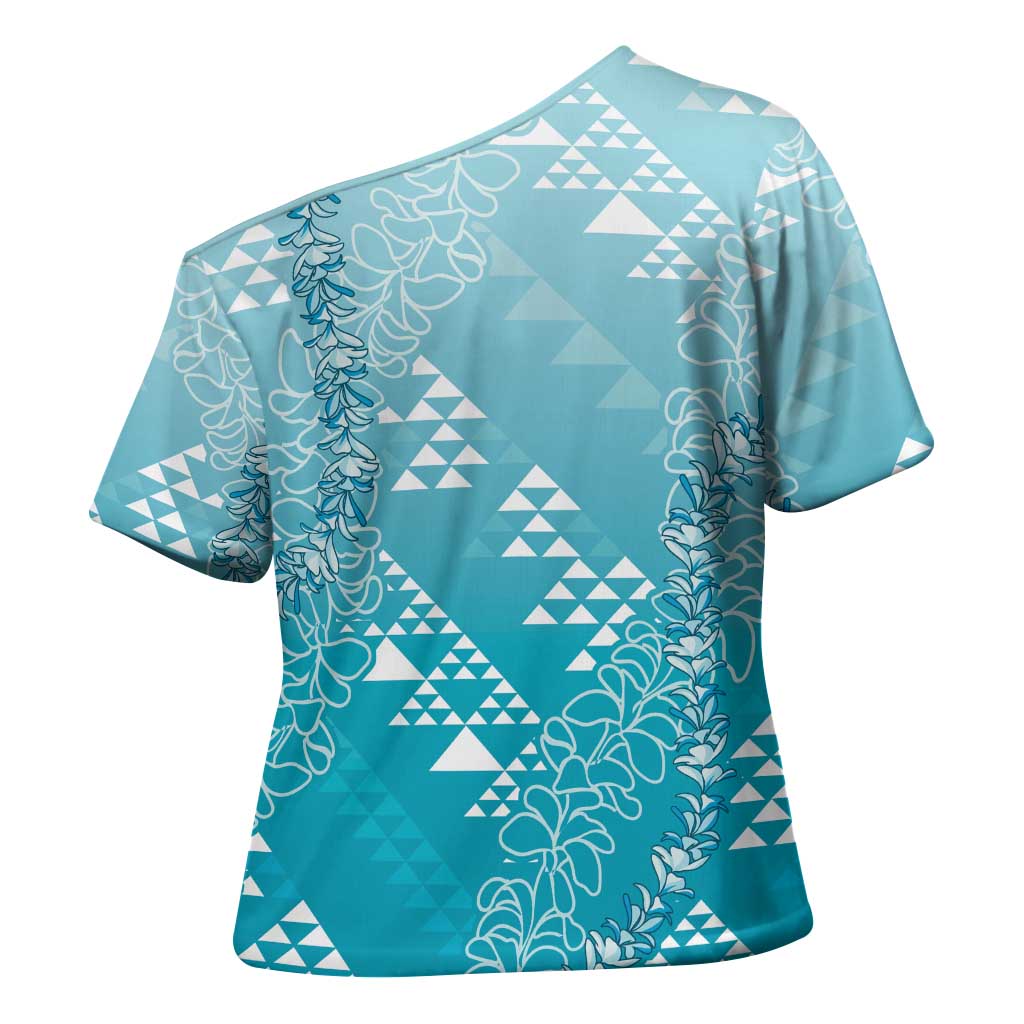 Hawaii Turquoise Kapa Cross Shoulder Shirt Vintage 'Ohe Kāpala Motifs Mix Plumeria Leis