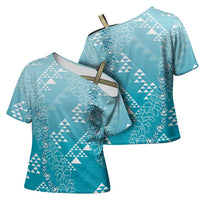 Hawaii Turquoise Kapa Cross Shoulder Shirt Vintage 'Ohe Kāpala Motifs Mix Plumeria Leis