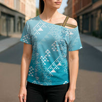 Hawaii Turquoise Kapa Cross Shoulder Shirt Vintage 'Ohe Kāpala Motifs Mix Plumeria Leis