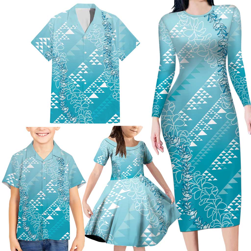 Hawaii Turquoise Kapa Family Matching Long Sleeve Bodycon Dress and Hawaiian Shirt Vintage 'Ohe Kāpala Motifs Mix Plumeria Leis