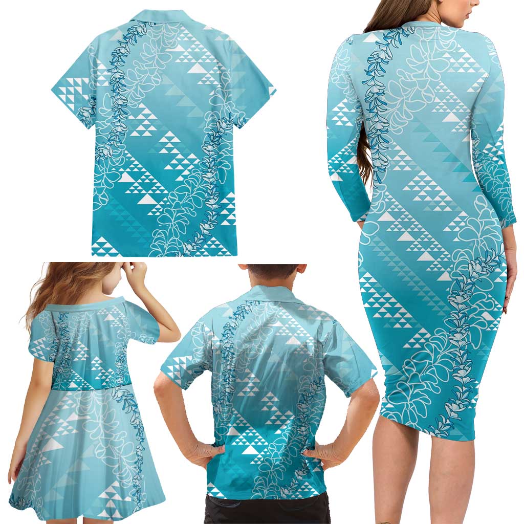 Hawaii Turquoise Kapa Family Matching Long Sleeve Bodycon Dress and Hawaiian Shirt Vintage 'Ohe Kāpala Motifs Mix Plumeria Leis