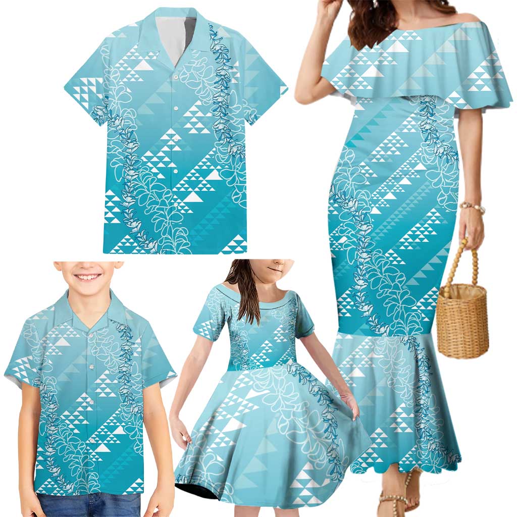 Hawaii Turquoise Kapa Family Matching Mermaid Dress and Hawaiian Shirt Vintage 'Ohe Kāpala Motifs Mix Plumeria Leis