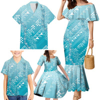 Hawaii Turquoise Kapa Family Matching Mermaid Dress and Hawaiian Shirt Vintage 'Ohe Kāpala Motifs Mix Plumeria Leis