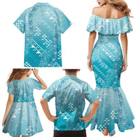 Hawaii Turquoise Kapa Family Matching Mermaid Dress and Hawaiian Shirt Vintage 'Ohe Kāpala Motifs Mix Plumeria Leis