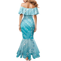 Hawaii Turquoise Kapa Family Matching Mermaid Dress and Hawaiian Shirt Vintage 'Ohe Kāpala Motifs Mix Plumeria Leis