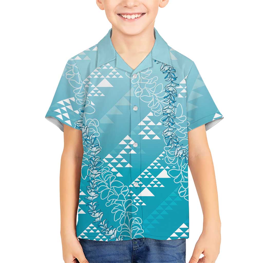 Hawaii Turquoise Kapa Family Matching Mermaid Dress and Hawaiian Shirt Vintage 'Ohe Kāpala Motifs Mix Plumeria Leis