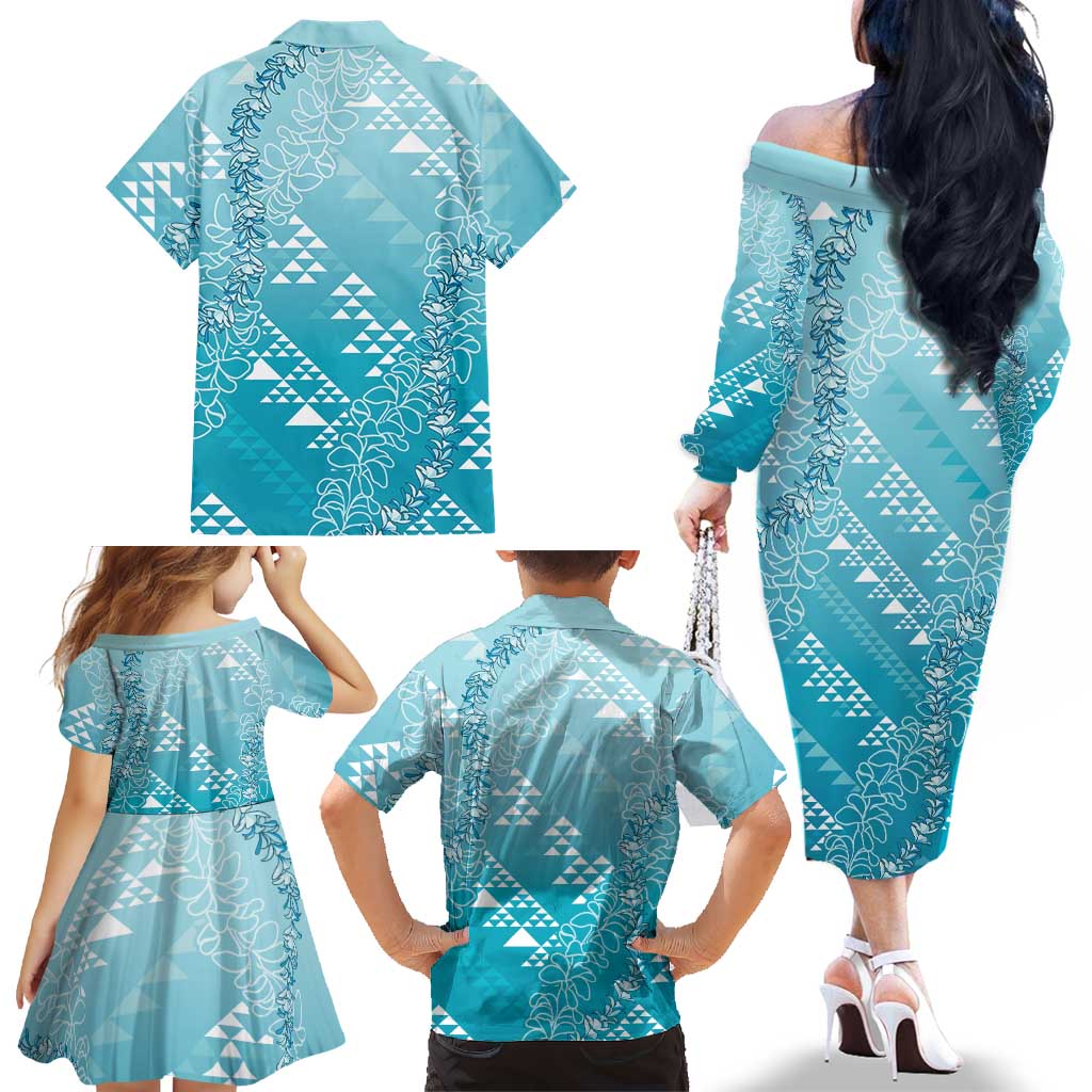 Hawaii Turquoise Kapa Family Matching Off The Shoulder Long Sleeve Dress and Hawaiian Shirt Vintage 'Ohe Kāpala Motifs Mix Plumeria Leis