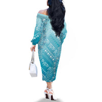 Hawaii Turquoise Kapa Family Matching Off The Shoulder Long Sleeve Dress and Hawaiian Shirt Vintage 'Ohe Kāpala Motifs Mix Plumeria Leis
