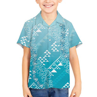 Hawaii Turquoise Kapa Family Matching Off The Shoulder Long Sleeve Dress and Hawaiian Shirt Vintage 'Ohe Kāpala Motifs Mix Plumeria Leis