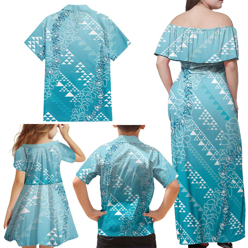 Hawaii Turquoise Kapa Family Matching Off Shoulder Maxi Dress and Hawaiian Shirt Vintage 'Ohe Kāpala Motifs Mix Plumeria Leis