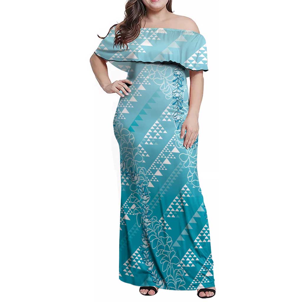 Hawaii Turquoise Kapa Family Matching Off Shoulder Maxi Dress and Hawaiian Shirt Vintage 'Ohe Kāpala Motifs Mix Plumeria Leis