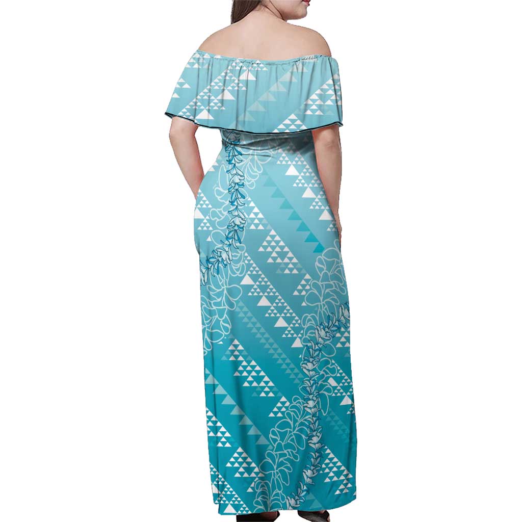Hawaii Turquoise Kapa Family Matching Off Shoulder Maxi Dress and Hawaiian Shirt Vintage 'Ohe Kāpala Motifs Mix Plumeria Leis