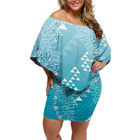 Hawaii Turquoise Kapa Family Matching Off Shoulder Short Dress and Hawaiian Shirt Vintage 'Ohe Kāpala Motifs Mix Plumeria Leis