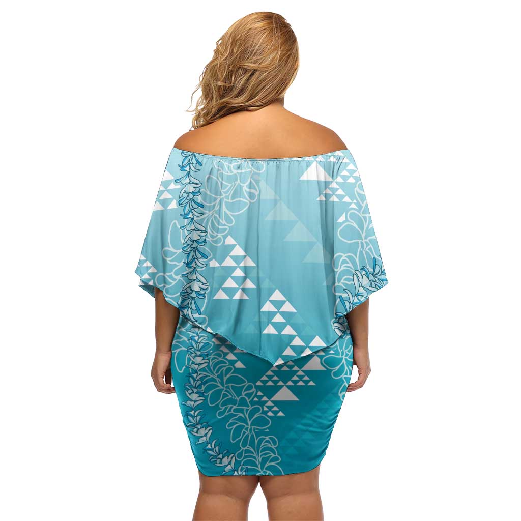 Hawaii Turquoise Kapa Family Matching Off Shoulder Short Dress and Hawaiian Shirt Vintage 'Ohe Kāpala Motifs Mix Plumeria Leis
