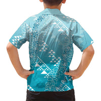Hawaii Turquoise Kapa Family Matching Puletasi and Hawaiian Shirt Vintage 'Ohe Kāpala Motifs Mix Plumeria Leis