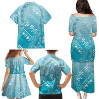 Hawaii Turquoise Kapa Family Matching Puletasi and Hawaiian Shirt Vintage 'Ohe Kāpala Motifs Mix Plumeria Leis