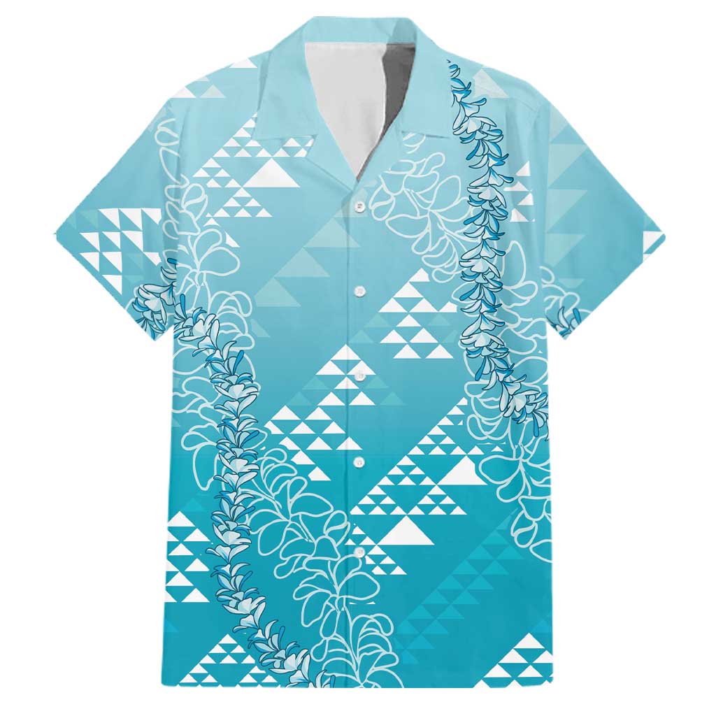Hawaii Turquoise Kapa Family Matching Puletasi and Hawaiian Shirt Vintage 'Ohe Kāpala Motifs Mix Plumeria Leis