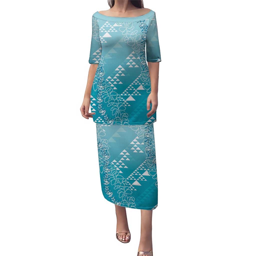 Hawaii Turquoise Kapa Family Matching Puletasi and Hawaiian Shirt Vintage 'Ohe Kāpala Motifs Mix Plumeria Leis