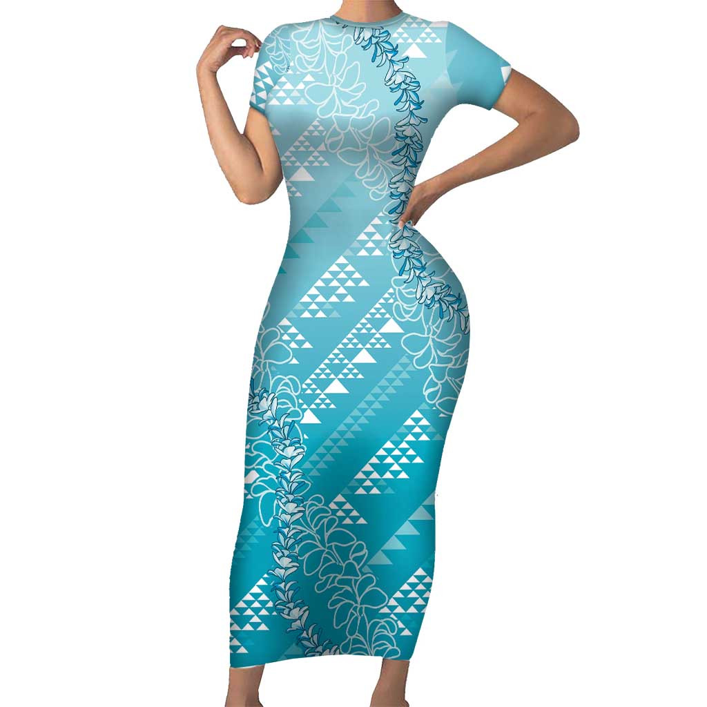 Hawaii Turquoise Kapa Family Matching Short Sleeve Bodycon Dress and Hawaiian Shirt Vintage 'Ohe Kāpala Motifs Mix Plumeria Leis