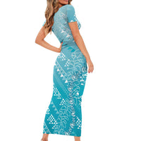 Hawaii Turquoise Kapa Family Matching Short Sleeve Bodycon Dress and Hawaiian Shirt Vintage 'Ohe Kāpala Motifs Mix Plumeria Leis