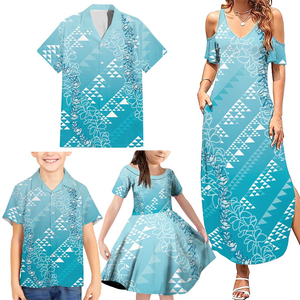 Hawaii Turquoise Kapa Family Matching Summer Maxi Dress and Hawaiian Shirt Vintage 'Ohe Kāpala Motifs Mix Plumeria Leis
