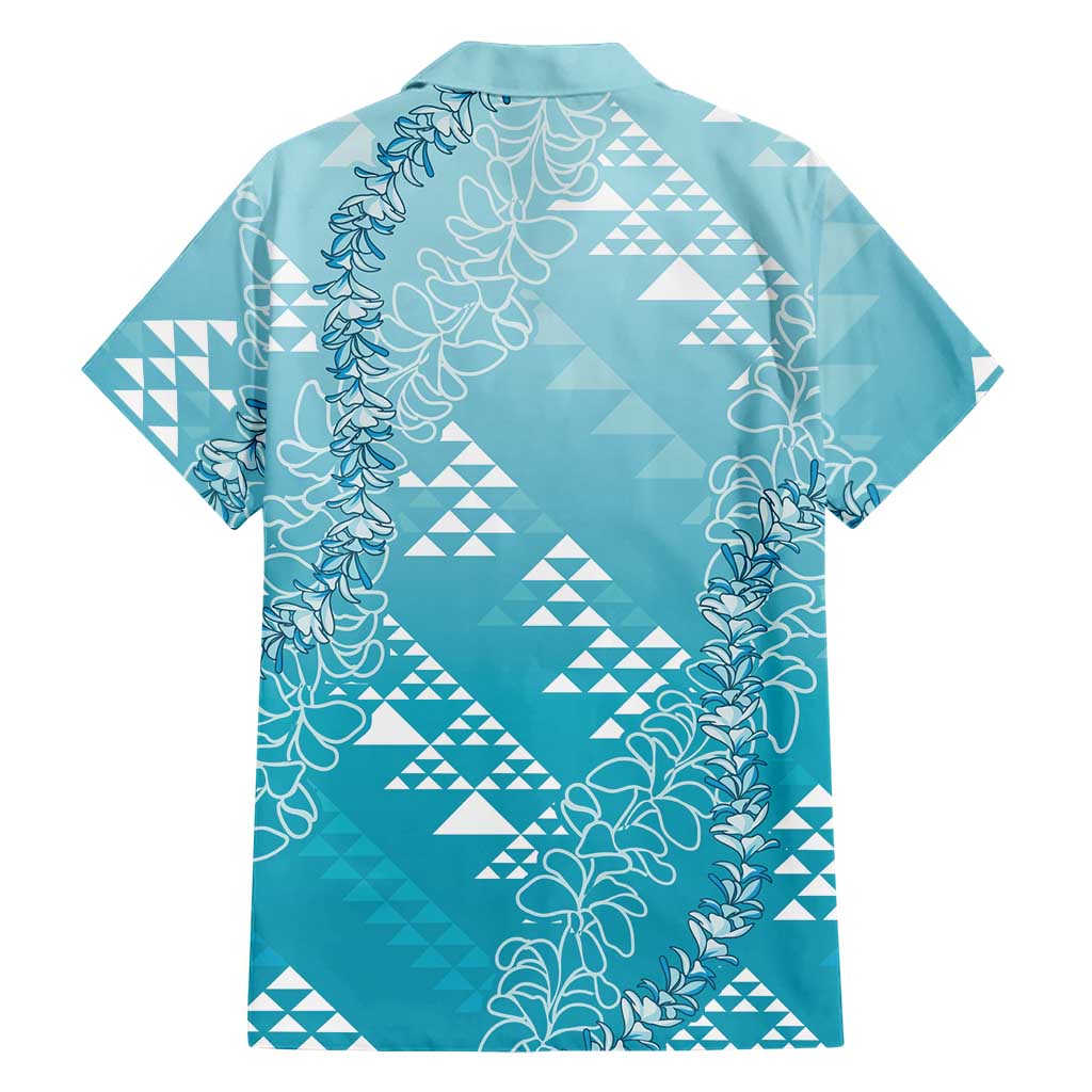 Hawaii Turquoise Kapa Family Matching Summer Maxi Dress and Hawaiian Shirt Vintage 'Ohe Kāpala Motifs Mix Plumeria Leis