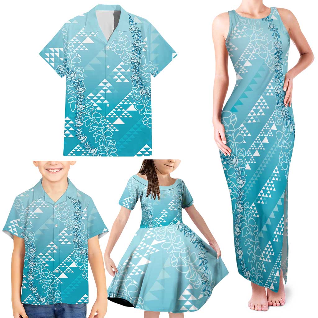 Hawaii Turquoise Kapa Family Matching Tank Maxi Dress and Hawaiian Shirt Vintage 'Ohe Kāpala Motifs Mix Plumeria Leis