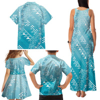 Hawaii Turquoise Kapa Family Matching Tank Maxi Dress and Hawaiian Shirt Vintage 'Ohe Kāpala Motifs Mix Plumeria Leis