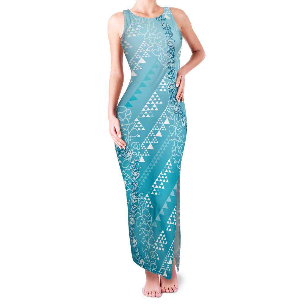 Hawaii Turquoise Kapa Family Matching Tank Maxi Dress and Hawaiian Shirt Vintage 'Ohe Kāpala Motifs Mix Plumeria Leis