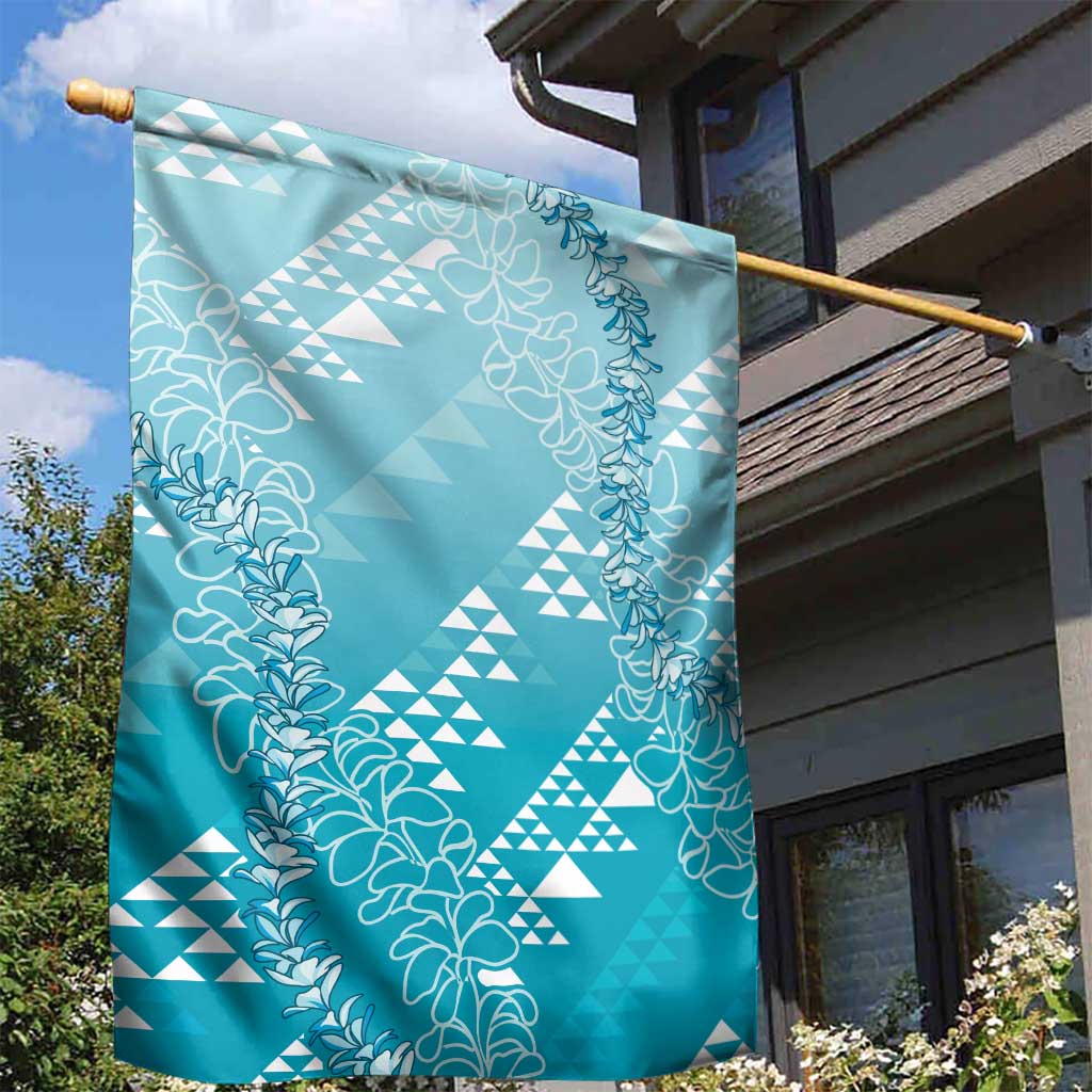 Hawaii Turquoise Kapa Garden Flag Vintage 'Ohe Kāpala Motifs Mix Plumeria Leis