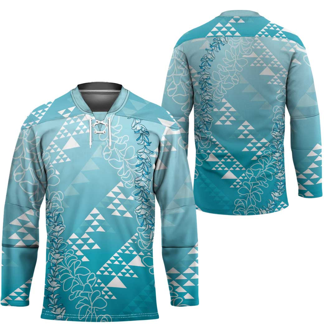 Hawaii Turquoise Kapa Hockey Jersey Vintage 'Ohe Kāpala Motifs Mix Plumeria Leis