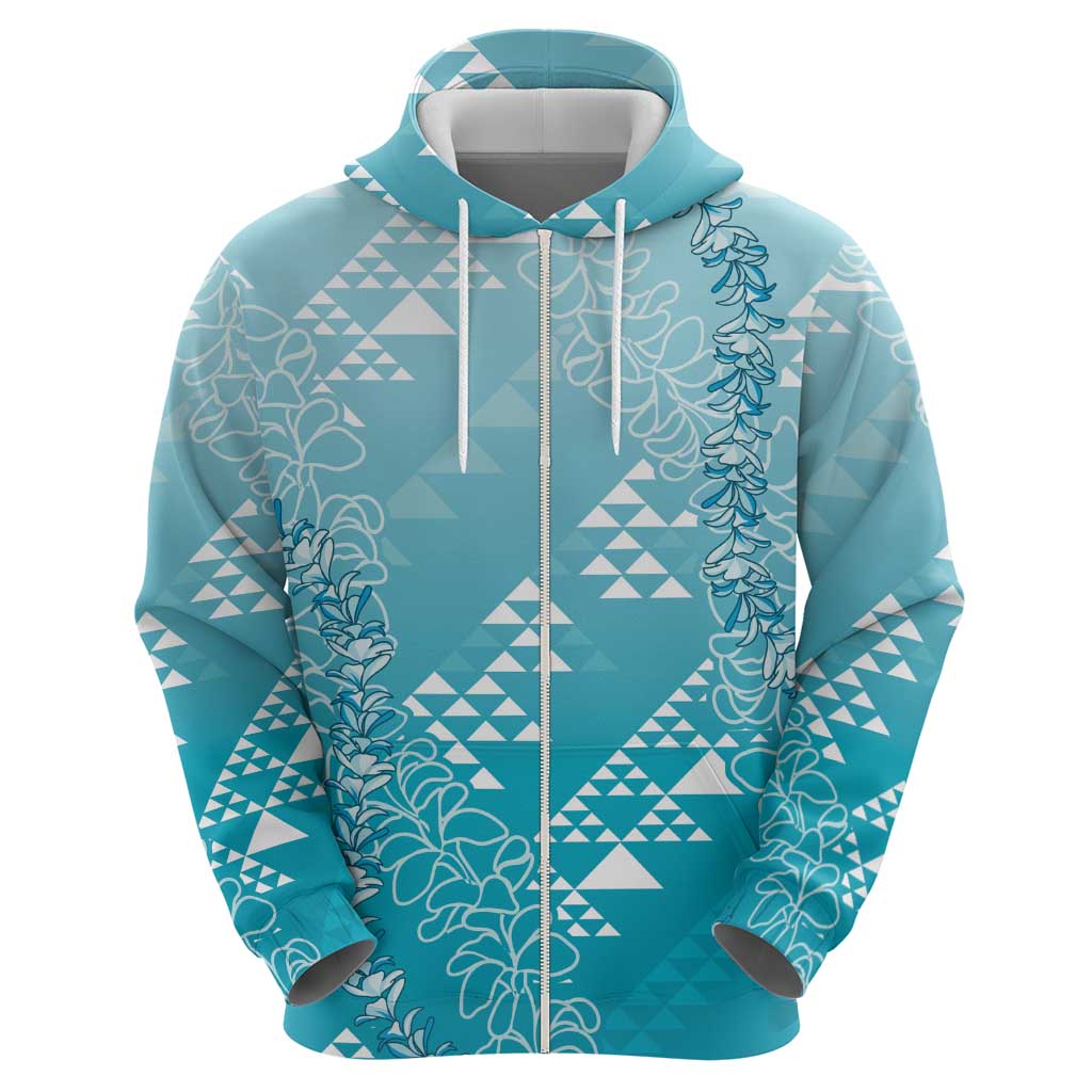 Hawaii Turquoise Kapa Hoodie Vintage 'Ohe Kāpala Motifs Mix Plumeria Leis
