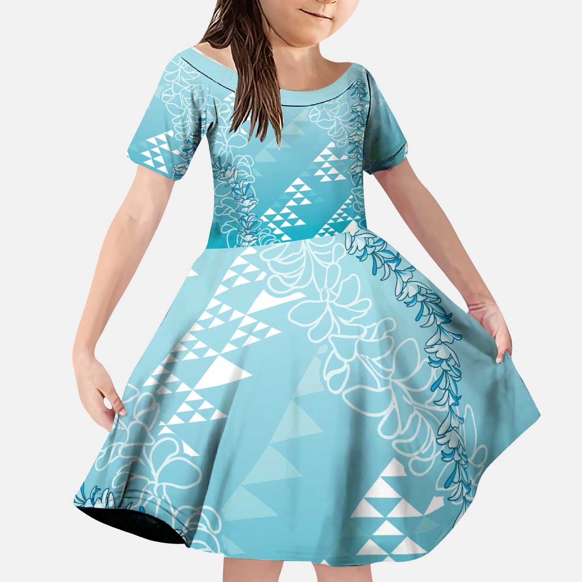 Hawaii Turquoise Kapa Kid Short Sleeve Dress Vintage 'Ohe Kāpala Motifs Mix Plumeria Leis