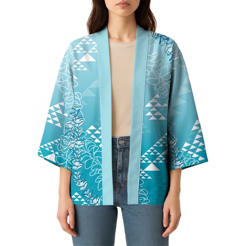 Hawaii Turquoise Kapa Kimono Vintage 'Ohe Kāpala Motifs Mix Plumeria Leis