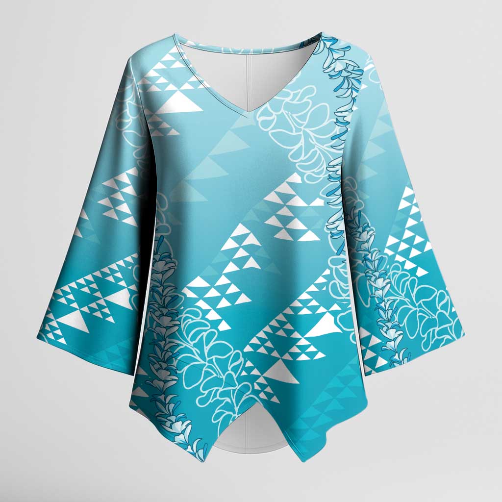 Hawaii Turquoise Kapa Kimono Sleeve Blouse Vintage 'Ohe Kāpala Motifs Mix Plumeria Leis