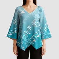 Hawaii Turquoise Kapa Kimono Sleeve Blouse Vintage 'Ohe Kāpala Motifs Mix Plumeria Leis
