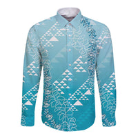 Hawaii Turquoise Kapa Long Sleeve Button Shirt Vintage 'Ohe Kāpala Motifs Mix Plumeria Leis
